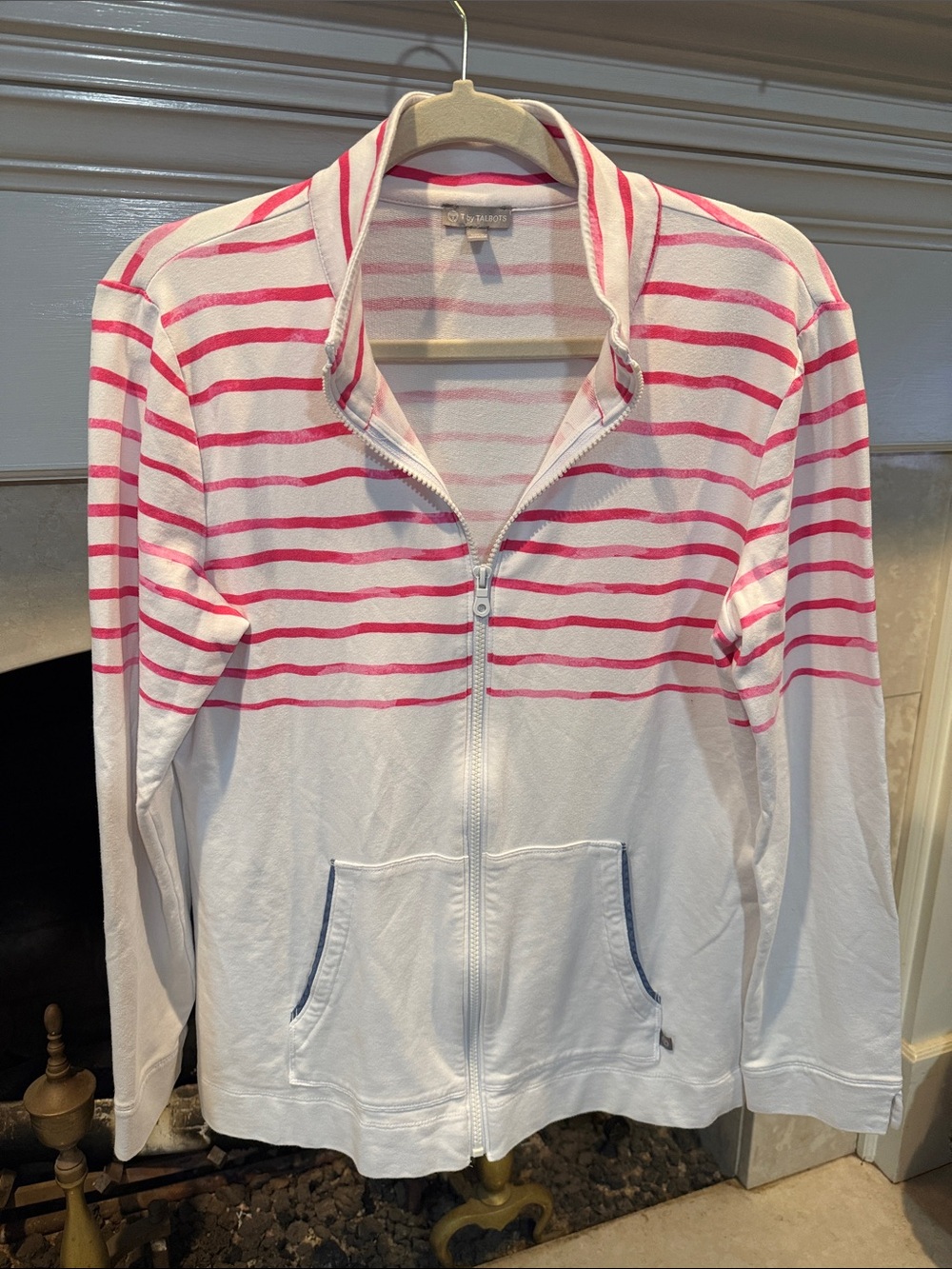 Talbots White Jacket with Pink Stripes Zip-Up Modal and Cotton Size Medium
